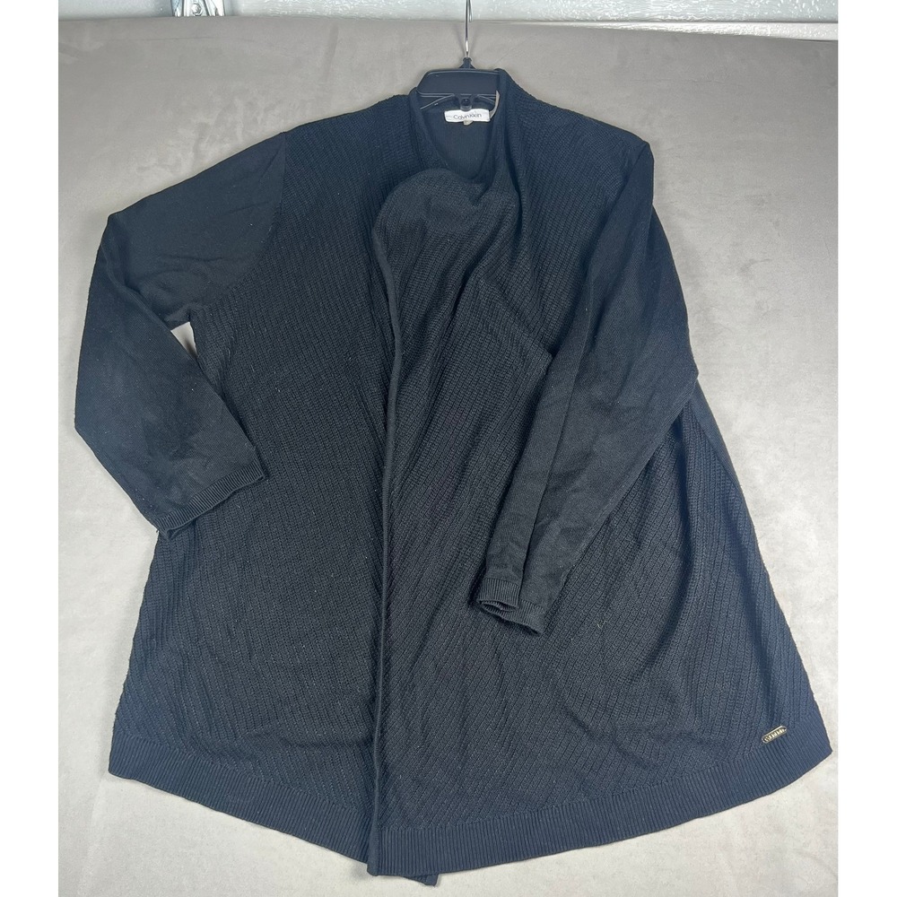 Calvin Klein Womens Black Textured Knit Open‎ Front Cardigan High Low Hem Size L